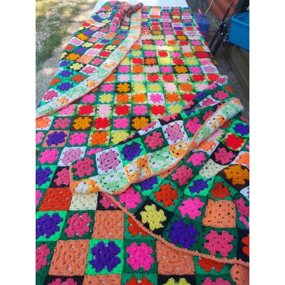 VTG Large Handmade Crochet Afghan Granny Square Blanket Hand Sewn Made Dopamine